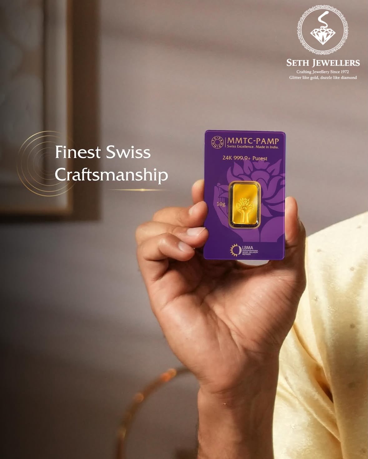 MMTC-PAMP 24K gold bar in hand